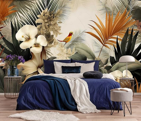 Flower Series Mural Colorful Leaves Seamless Wall Mural, Birds Resting on Flowers Wallpaper for Bedroom, Living Room, Bathroom Background Wall Decoration(Non-self-Adhesive)