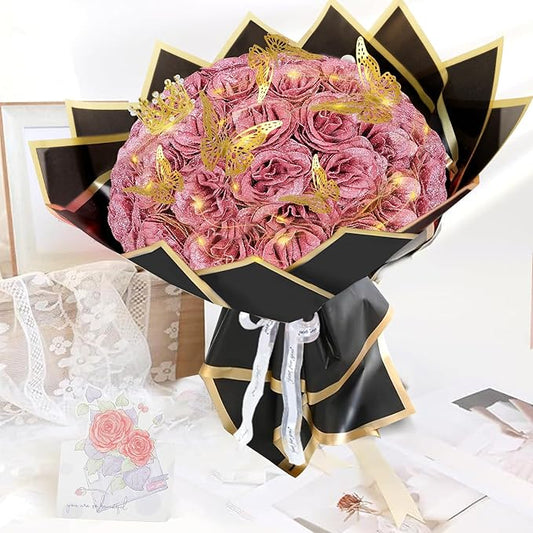 Gold Rose Glitter Roses Bouquet, 36 Pcs Shiny Glitter Flowers Bouquet, Everlasting DIY Artificial Roses Bouquet for Christmas, Birthday, Anniversary, Wedding, Engagement,Mothers Day,Gifts