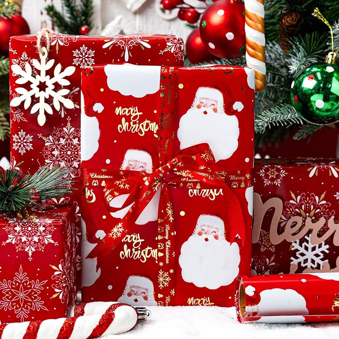 MAYPLUSS Red Christmas Wrapping Paper Roll - 17IN X 33FT - Santa Gift Wrapping Paper Featuring Santa Claus Gold Merry Christmas Reversible Snowflake for Kids, Holiday, New Year