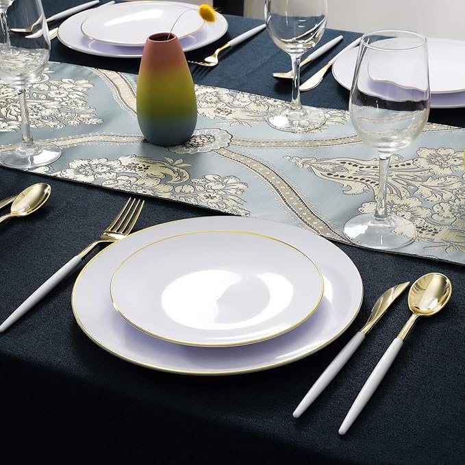 Supernal 102pcs Gold Plastic Cutlery, Durable Plastic silverware,Disposable Cutlerty with White Handle,Include 34 Forks,34 Knvies,34 Spoons, Suit for Wedding,Birthday,Party