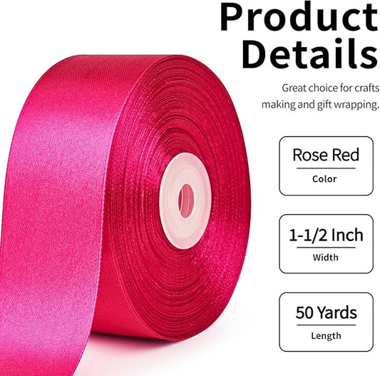 1-1/2 Inch Wide Rose Red Satin Ribbon, 50 Yards Solid Polyester Fabric Ribbon for Roses Making, Gift Wrapping, Christmas, Wedding Decorations, Crafts, Bows
