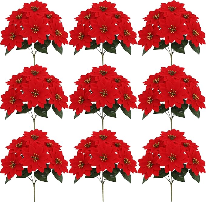 7 PCS Red Silk Poinsettia Flowers with 7 Heads - Artificial Christmas Floral Bouquet for Xmas Party, Winter Holiday Decor, Table Arrangements, Home & Seasonal Displays