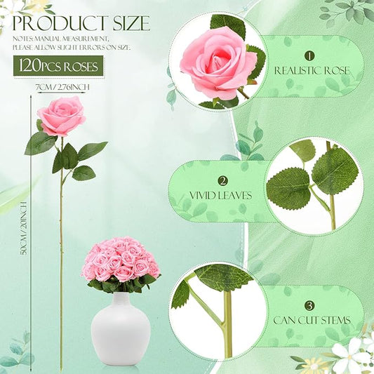 Hotop 120 Pcs Roses Artificial Flowers in Bulk,Long Stem Artificial Flower Bouquet,Silk Real Touch Fake Rose for Wedding Party Table Centerpieces Decor Valentines Gifts(Pink)