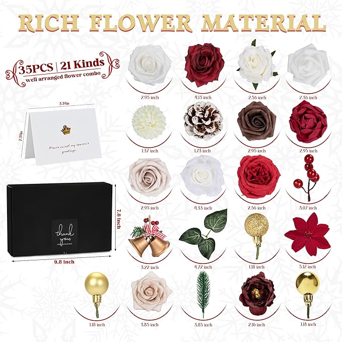 Artificial Flowers Combo Box, Fake Silk Foam Flower Mix with Wire Stem, DIY Wedding Bridal Bouquet Shower Party Home Décor (30-40 Pieces) (Xmas Theme)