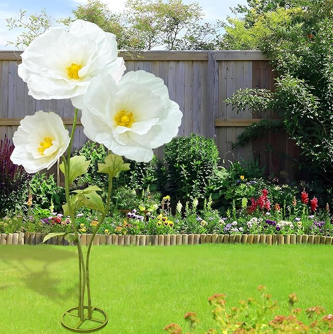 3Pcs Artificial Paper Flower Decoration, Large Fake Flowers with Standing Stems and Base, 3D Lifelike Giant Flower Home Decor, Wedding Background Decorate, Photography Props, Banquet (White)