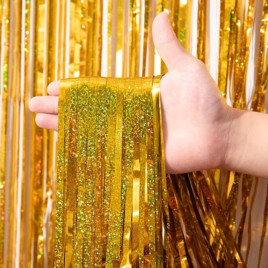 3 Pack 3.3 x 8.2 ft Laser Gold Foil Fringe Backdrop Curtains, Tinsel Streamers Birthday Party Decorations, Fringe Backdrop for Graduation, Baby Shower, Gender Reveal, Disco Party