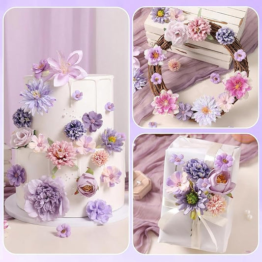 Artificial Flowers Heads Combo Purple Flowers Mix Silk Flowers Heads Bulk Faux Rose for Craft Garland Graduation Cap Wedding Bridal Baby Shower Home Party Decoration DIY Cake Decor
