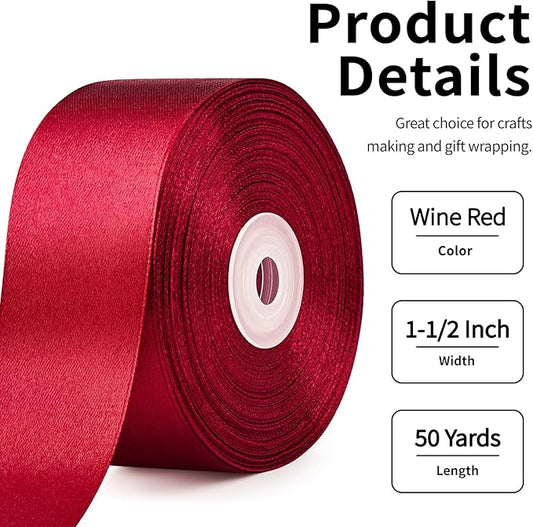 1-1/2 Inch Wide Wine Red Satin Ribbon, 50 Yards Solid Polyester Fabric Ribbon for Roses Making, Gift Wrapping, Christmas, Wedding Decorations, Crafts, Bows