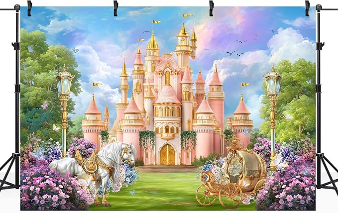 Riyidecor Princess Castle Backdrop Polyester Fabric Fairy Tale Horse Carriage Garden Floral 7Wx5H Feet Wonderland Photography Background Wedding Birthday Photo Studio Shoot