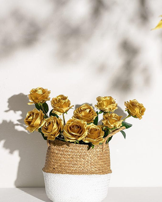 DuHouse 10pcs Silk Roses Artificial Flowers Fake Rose for Arrangement Wedding Party Home Decoration (Gold)