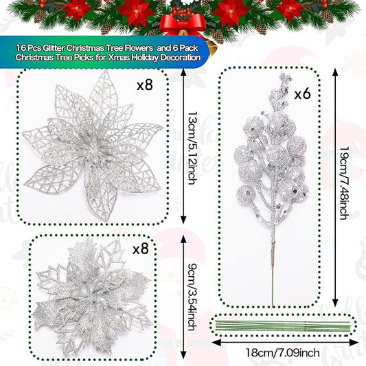 Zhuqing 22Pcs Christmas Poinsettia Artificial Flowers and Glitter Berries Stems Kit, 16Pcs Christmas Tree Flowers Ornaments and 6 Pack Christmas Tree Picks for Wedding Holiday Decorations (Silver)