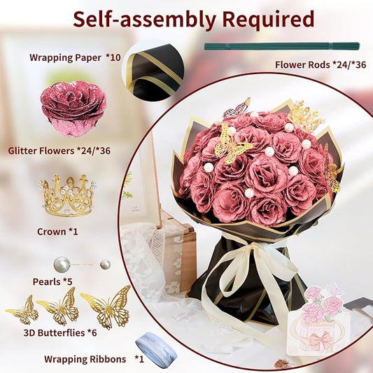 Glitter Roses Bouquet, Shiny Artificial Roses Flowers with Stems DIY Fake Glitter Flowers Bouquet for Valentine's Day, Mother's Day, Anniversary, Graduation, Birthday, Wedding, 24 Roses (Rose Gold)