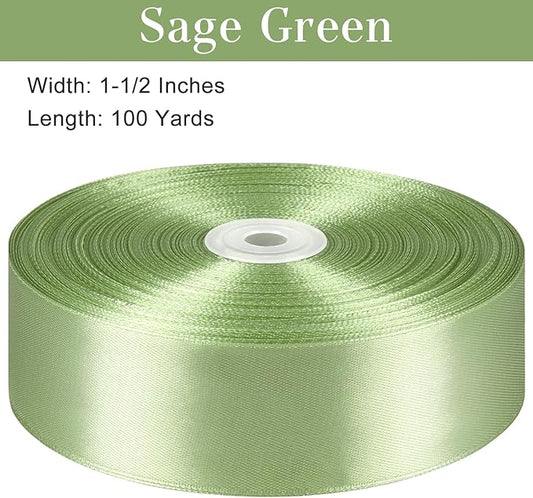 1-1/2 Inches 100 Yards Sage Green Satin Ribbon, Ribbon Roll for Flower Bouquets, Gift Wrapping, Wedding, Handmade Crafts