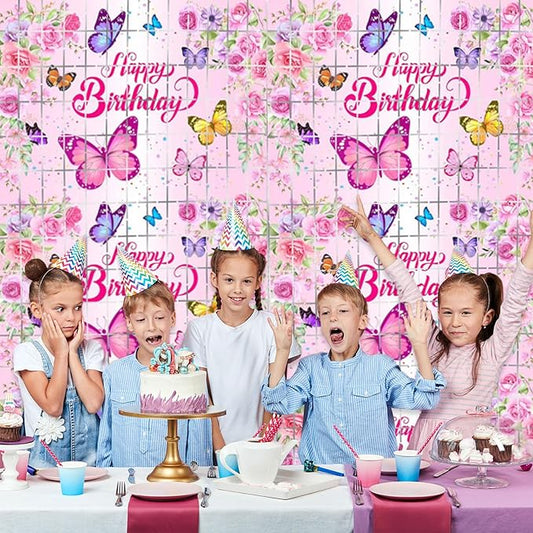 2 Pack Butterfly Foil Fringe Curtains 3.28 x 6.56Ft Butterfly Tinsel Curtain Streamers Backdrop Pink Floral Photo Booth Backdrop Butterflies Birthday Baby Shower Party Decorations for Kids Girls