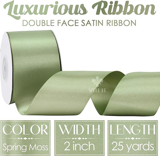 MEEDEE Spring Moss Satin Ribbon 2 Inch Spring Green Ribbon Lux Double Faced Ribbons by 25 Yards Silk Satin Ribbons for Gift Wrapping, Weddings, Flower Bouquet, Holiday Decorating