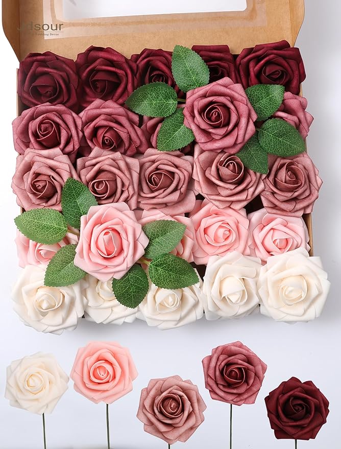 25pcs Artificial Flower,Real Looking Foam Roses w/Stem for DIY Wedding Bouquets Centerpieces Bridal Shower Party Decor-Shades of Burgundy