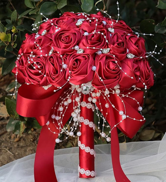 Bridal Wedding Bouquet Round Bling Brooch Bouquet Throw Toss Artificial Rose Flower Bunch for Bride Bridesmaid Wedding Quinceanera(Ruby Red, 8.7")