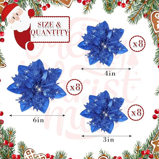 Geosar 24 Christmas Glitter Artificial Poinsettia Flowers Xmas Poinsettia Artificial Wedding Flowers Decorations Xmas Tree Ornaments with Clips for Party Favors, 6 Inch, 4 Inch, 3 Inch (Royal Blue)