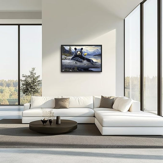 Forest Bear Large Decor Framed Wall Art Mountain Lake Cabin Pictures for Living Room, Black Bear Oversized Canvas Print Painting Modern Extra Large Framed Artwork for Bedroom Office 36"x24"