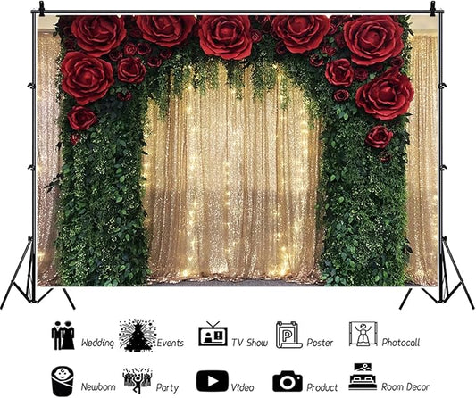 7x5ft Wedding Backdrop Red Rose Flowers Gold Sequin Wall Greenery Leaves Photography Background Bridal Wedding Party Banner Decorations Supplies Photo Booth Props