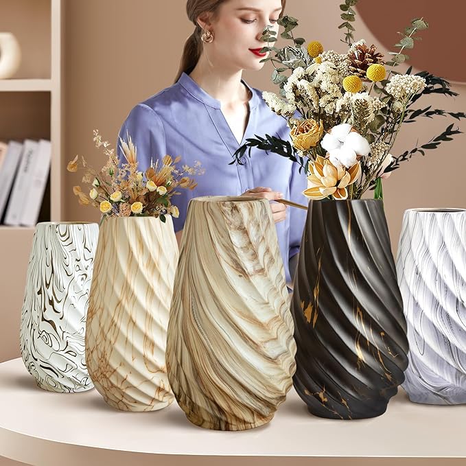 10 inch Tall Ribbed Ceramic Vase for Flowers,Boho Vases for Pampas Grass,Fluted vase,Simple Modern Decorative Vase for Home Decor Table Centerpieces (Brown)