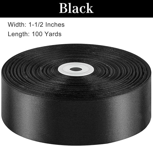 1-1/2 Inches 100 Yards Black Satin Ribbon, Ribbon Roll for Flower Bouquets, Gift Wrapping, Wedding, Handmade Crafts