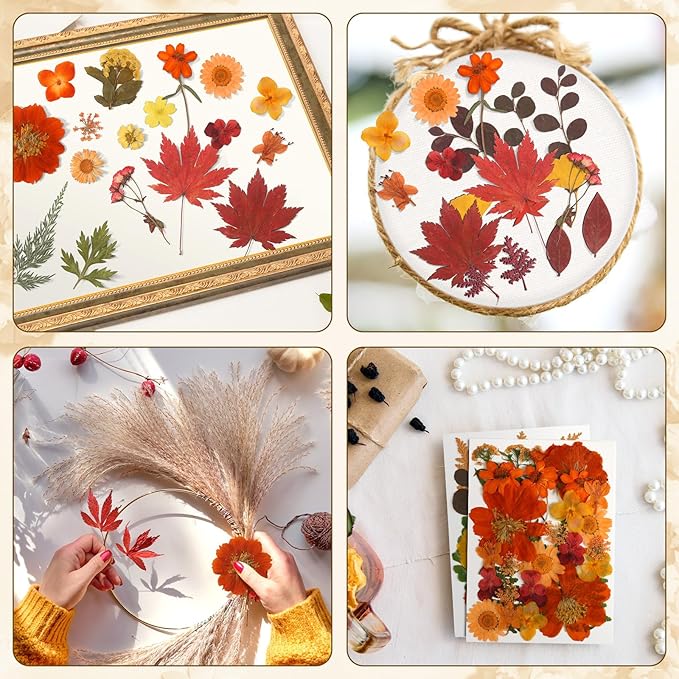 Augshy Fall Dried Pressed Flowers,100 Pcs Autumn Dried Flowers Leaves for Resin Molds Real Pressed Flowers for Crafts DIY Jewelry Molds, Scrapbooking, Candle