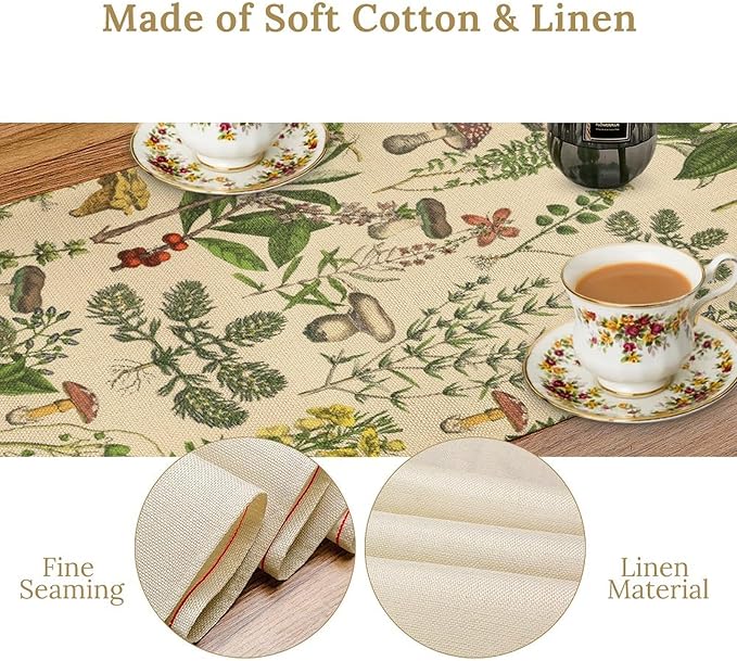 Vintage Botanical Table Runner, Antique 1900s Plants Herbs Mushroom Boho Retro Wildflower Ferns Print Table Runner for Farmhouse Kitchen Indoor Outdoor Decoration, 13x120inch