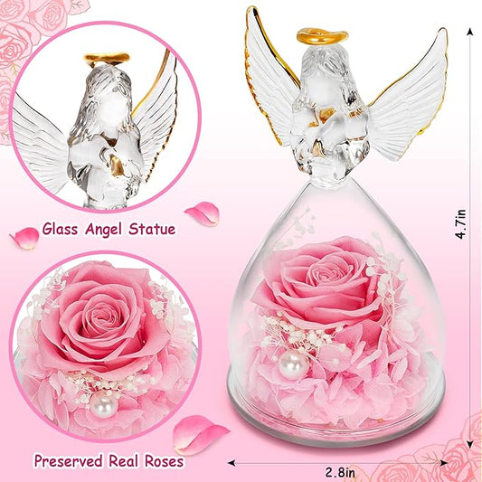 LURLIN Birthday Rose Gifts for Women - Preserved Flowers, Glass Angel Figurines with LED Forever Rose for Mom, Grandma, Wife, Friend, Teacher, Nurse, Anniversary Day Girls Gift