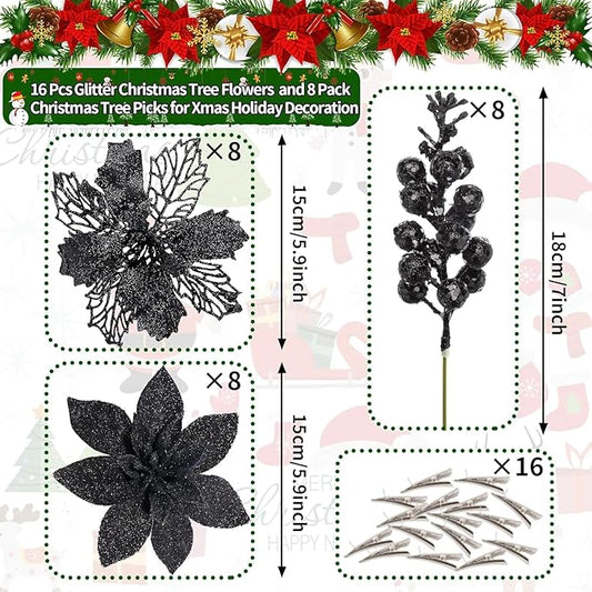 24Pcs Black Glitter Poinsettia Christmas Tree Ornaments and Glitter Berries Stems, 16Pcs Christmas Artificial Flowers and 8 Pack Christmas Tree Picks for Wedding Holiday Decorations