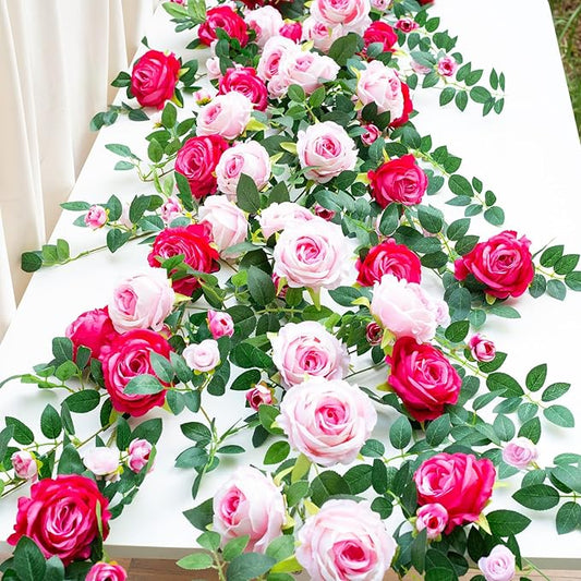 6FT Bendable Flower Garland, Artificial Rose Vine Hanging Floral Garland Decoration for Weding Home Room Wall Decor (Fushia, 2pcs)