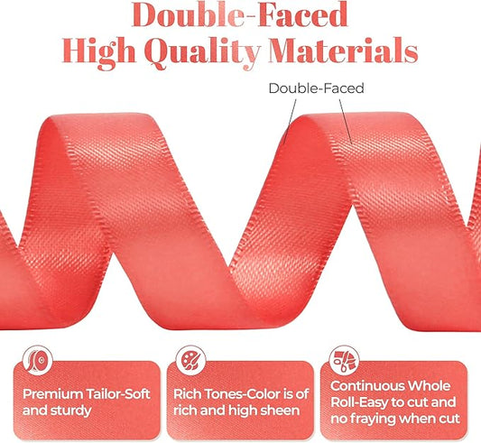Coral Satin Ribbon, Double Faced 5/8 Inch X 50 Yards Coral Ribbon, for Gift Wrapping, Crafts, Hair Bow Making, Sewing, Flower Bouquet, Wedding Party Decor