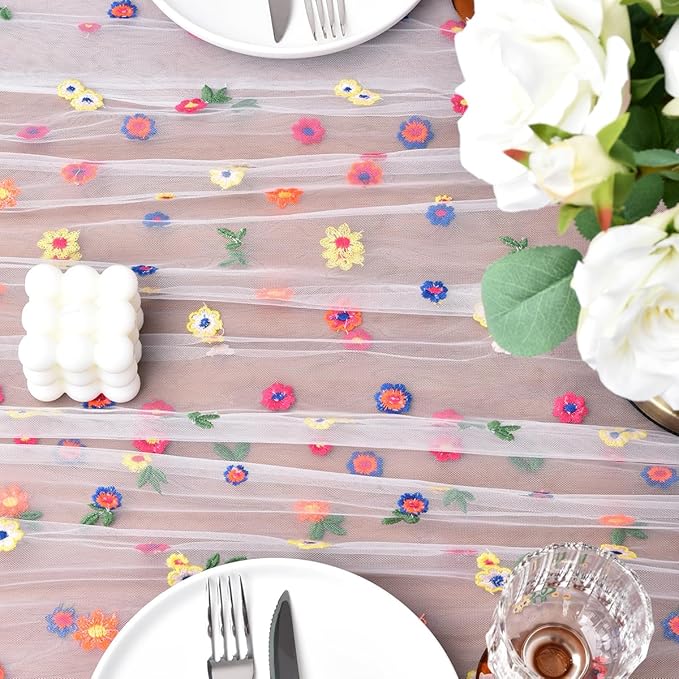 Joanlody Ivory Embroidery Daisy Christmas Table Runner 10ft Florals Seasonal Tulle Table Runner Holiday Kitchen Dining Table Decoration for Home Party Indoor