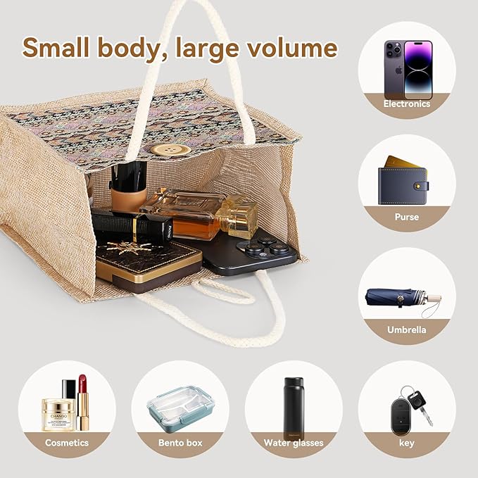 Women Tote Bag,2Pcs Jute Casual Tote's Handbag Embroidered Personalized Bento Bag,Reusable Grocery Bags Shopping Bags