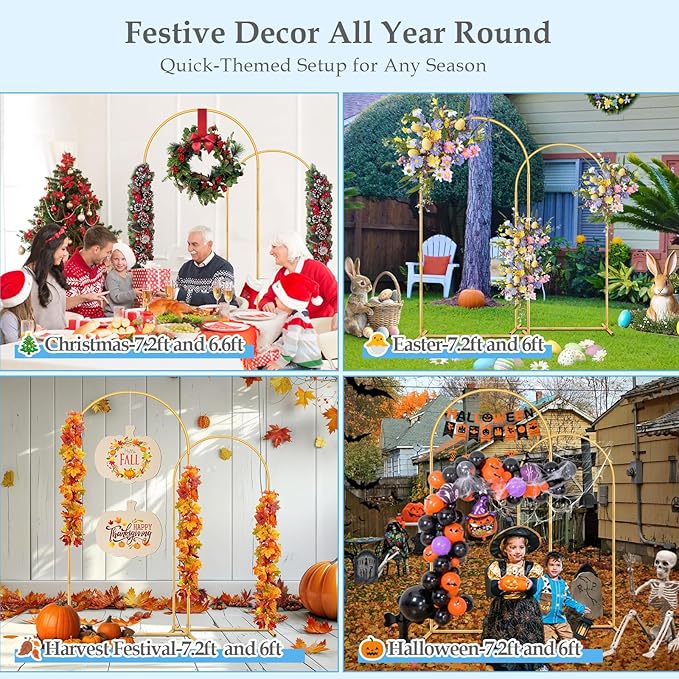 Arch Backdrop Stand, 7.2FT 6FT Wedding Arch Gold Set of 2, Metal Balloon Arch Kit Stand with Base for Gender Reveal Ceremony Birthday Anniversary Bridal Graduation Party Event Background Decoration