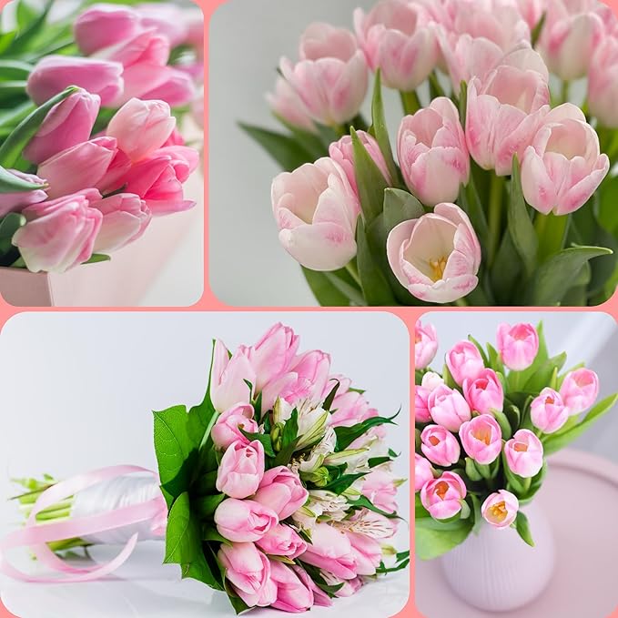 Sggvecsy 15 Pcs Fake Tulips Artificial Flowers Real Touch PU Faux Flowers Tulip Stems for Wedding Spring Bouquet Floral Arrangement Home Party Office Decorations for Mother's Day (Light Pink)
