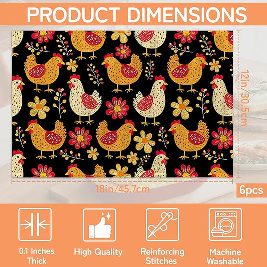 Cute Roosters Placemat Set of 6,Flower Heat Resistant Linen Table Mats for Indoor Outdoor Home Kitchen Dining Room Table 12x18Inch