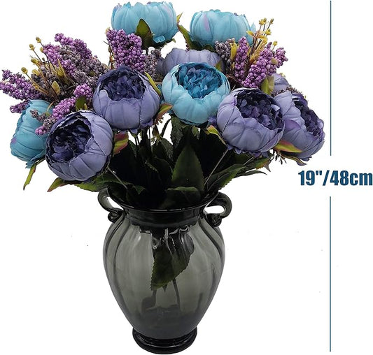 1pcs Artificial Peony Bouquet,19 Inch Silk Peony Bunch with 7 Faux Flowers,Classical Style Artificial Flowers with Leaves and Ornaments for Wedding,Home Décor Centerpieces(Blue)