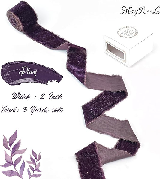 MAYREEL 2 Inch Plum Velvet Ribbon Hand Torn Dark Purple Silk Frayed Edge for Bridal Bouquets Invitations Wedding Vow Books Gift Baskets Hair Bows 3 Yards