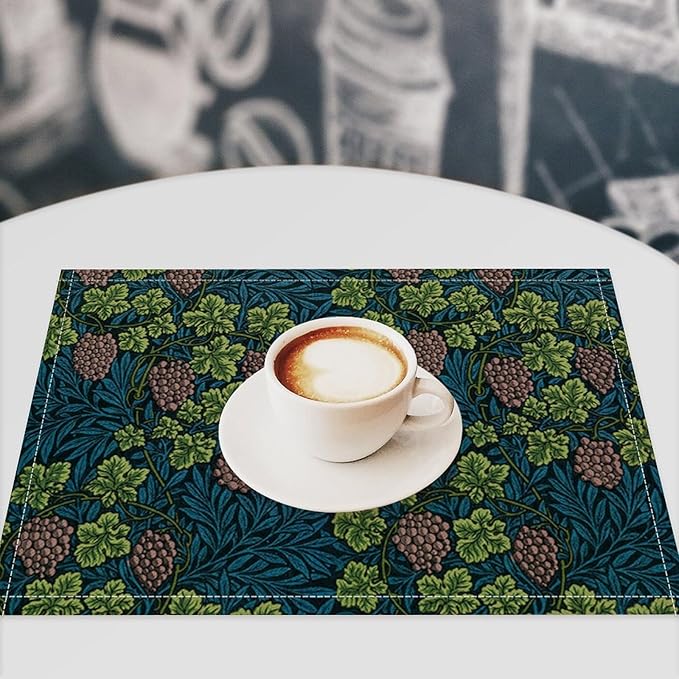 William Morris Vintage Botanical Placemats Set of 6, Retro Grapes Vines Flower Boho Plant Place Mats, Heat Resistant Non Slip Cotton Linen Dining Table Mats for Home Kitchen Party 18x12 Inch