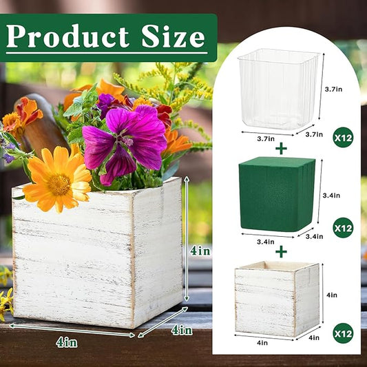 Dandat 12 Sets Wooden Cube Planter Boxes for Centerpiece 4 Inch Flower White Wood Rustic Square Vase with Removable Plastic Liner Floral Foam Block for Garden Wedding Christmas Home Arrangement Decor