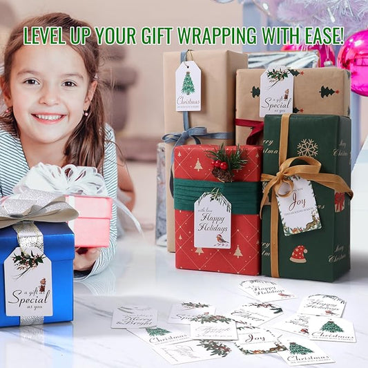 AuroTrends Christmas Gift Tags with String 48Pcs, Name Tags for Christmas Presents -Quality Christmas Tags with Holes& Pre-Cut Strings (8 Styles, 48 Pcs)