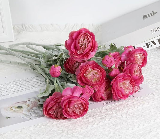 IPOPU Hot Pink Flowers Fake Peonies Artificial Ranunculus Flowers 6pcs 18Heads Hot Pink Silk Flowers 20.47" for Faux Floral Arrangements Wedding Bouquets Home Table Decor