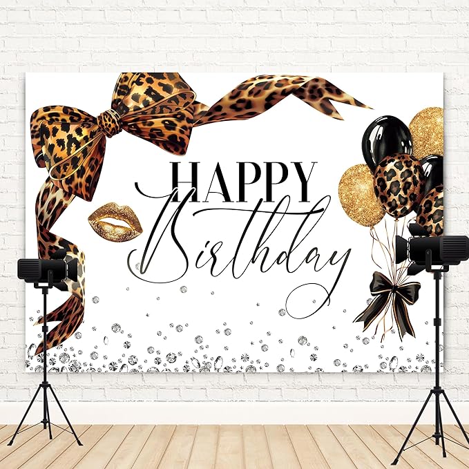 Leopard Print Bow Happy Birthday Backdrop 7Wx5H Photography Coquette Brown White Gold Bowknot Balloons Diamond Bownot Background Girly Party Decorations Banner Photo Booth Props Supplies