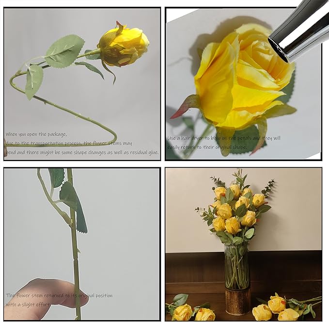 Artificial Roses 10 Pcs - Lifelike Single Stem Fake Roses with Natural Petal Texture,Fade-Resistant Silk Flowers for Wedding Decor,Home Vase Arrangements,Party Centerpieces(10, Yellow)