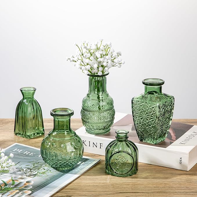 Glass Bud Vases Set of 10, Small Flower Vase in Bulk for Centerpieces, Mini Vintage Peacock Green Vases for Rustic Wedding Vintage Home Table Decor