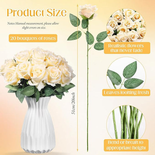 Hotop 20 Pcs Artificial Rose Flowers with Long Stem,Real Touch Silk Realistic Plastic Bouquet Roses Bulk for Home Decor Bridal Wedding Party Table Centerpieces Decorations(Champagne)