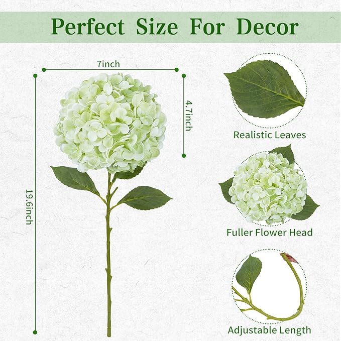 4 Pcs Light Green Hydrangea Artificial Flowers, Latex Real Touch Hydrangea Flowers, 19.6'' Full Faux Hydrangea Flowers Fake Flowers for Home Decor Party Wedding Centerpiece Bouquet Floral Arrangements