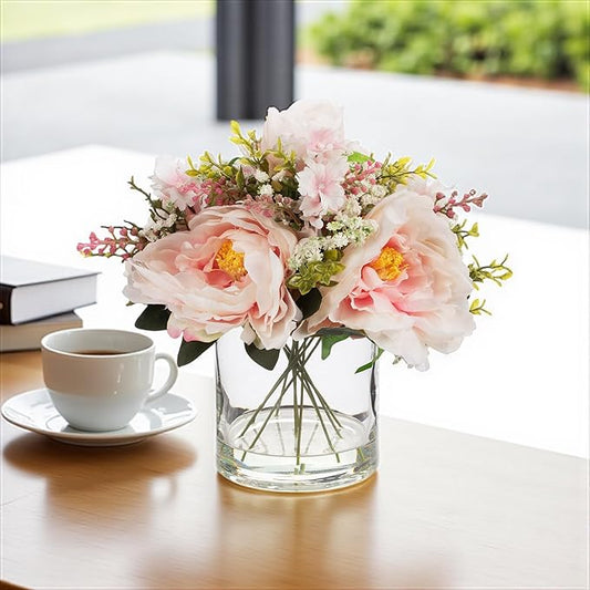 ENOVA FLORAL Artificial Silk Flower Arrangement with Vase,Mixed Artificial Silk Peony Flower in Vase for Decoration Home Office, Wedding Centerpiece (Pink)