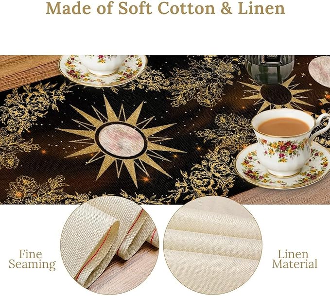 Boho Floral Table Runner, Spring Gothic Moon Phase Wildflower Mystical Witchy Farmhouse Coffee Table Center Decor for Home Kitchen Dining Patio Holiday Party Table Decorations 13x90 inches